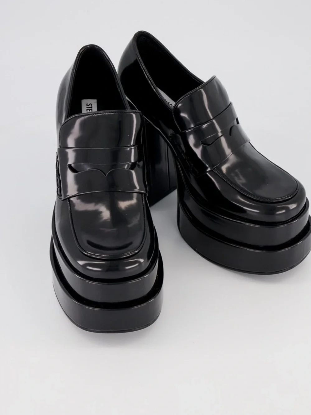 Steve Madden black faux patent leather chunky loafer platform heels size 7 new